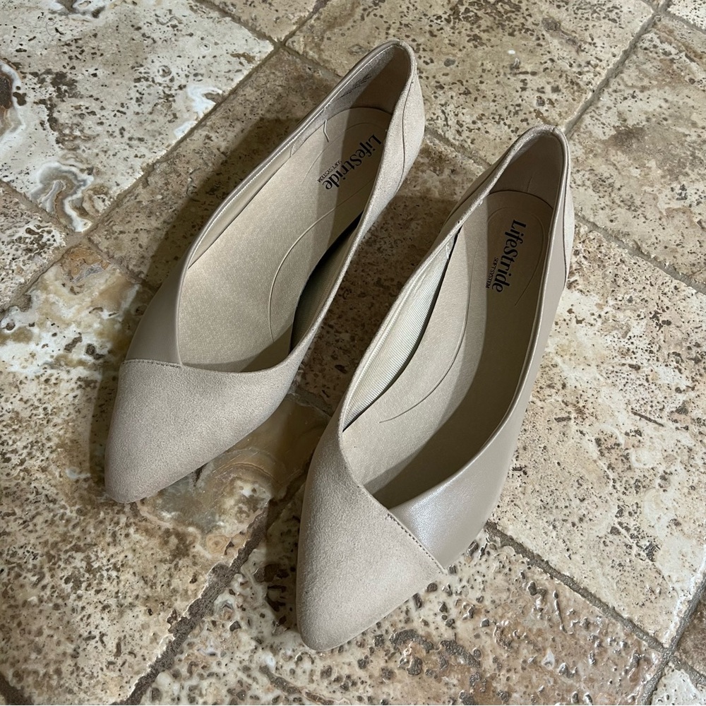 Life Stride Tan Flats Suede-Like Minimalist Design